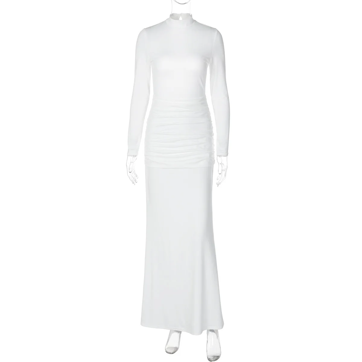 Bangniweigou Lange Mouw Slanke Geplooide Taille Terug Uitsparing Lange Jurk Vrouwen Herfst Winter Party Elegant Gewaad Wit Zwart