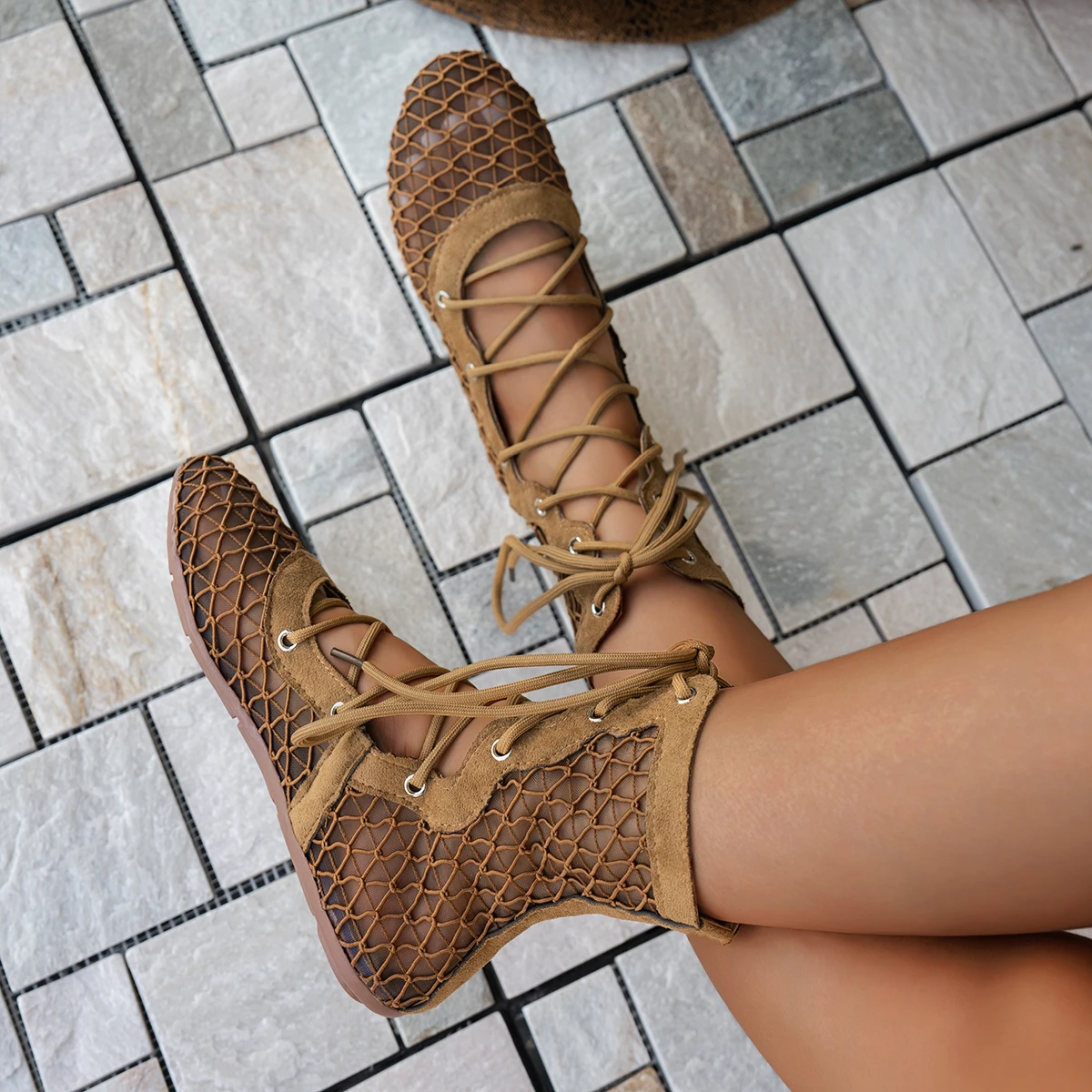 2026 Summer New Solid Color Mesh Breathable Casual Large Size Ankle Boots Women's Lace Up Design Soft Sole Retro Roman Sandals
