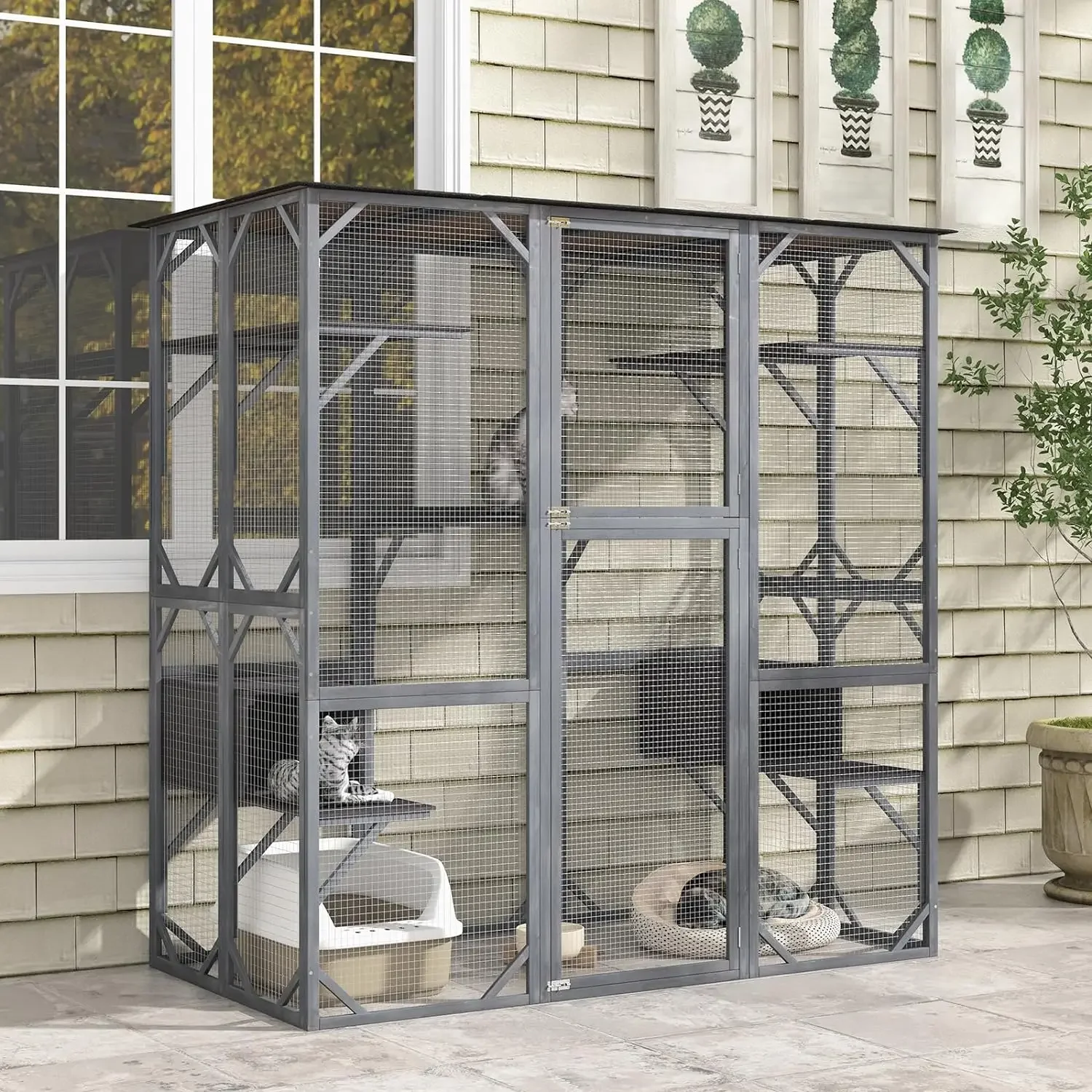 Catio outdoorové kocour ohrada velký, 72 palec vysoký dřevěný kocour dr. house s weatherproof asfalt přístřeší, kocour klec ohrádka na kolečky