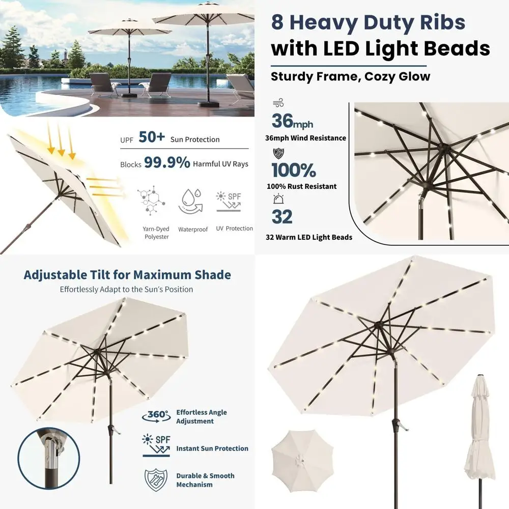 

Зонт для патио на солнечных батареях с 32 светодиодами, 9 футов, с механизмом наклона и ручкой, УФ-защита, кремово-белый, для улицы