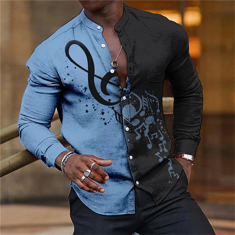 Luxury Hawaiian men\'s note shirt 3d printing two-color style long-sleeved shirt party shirt T-shirt stand-up shirt summer 2023