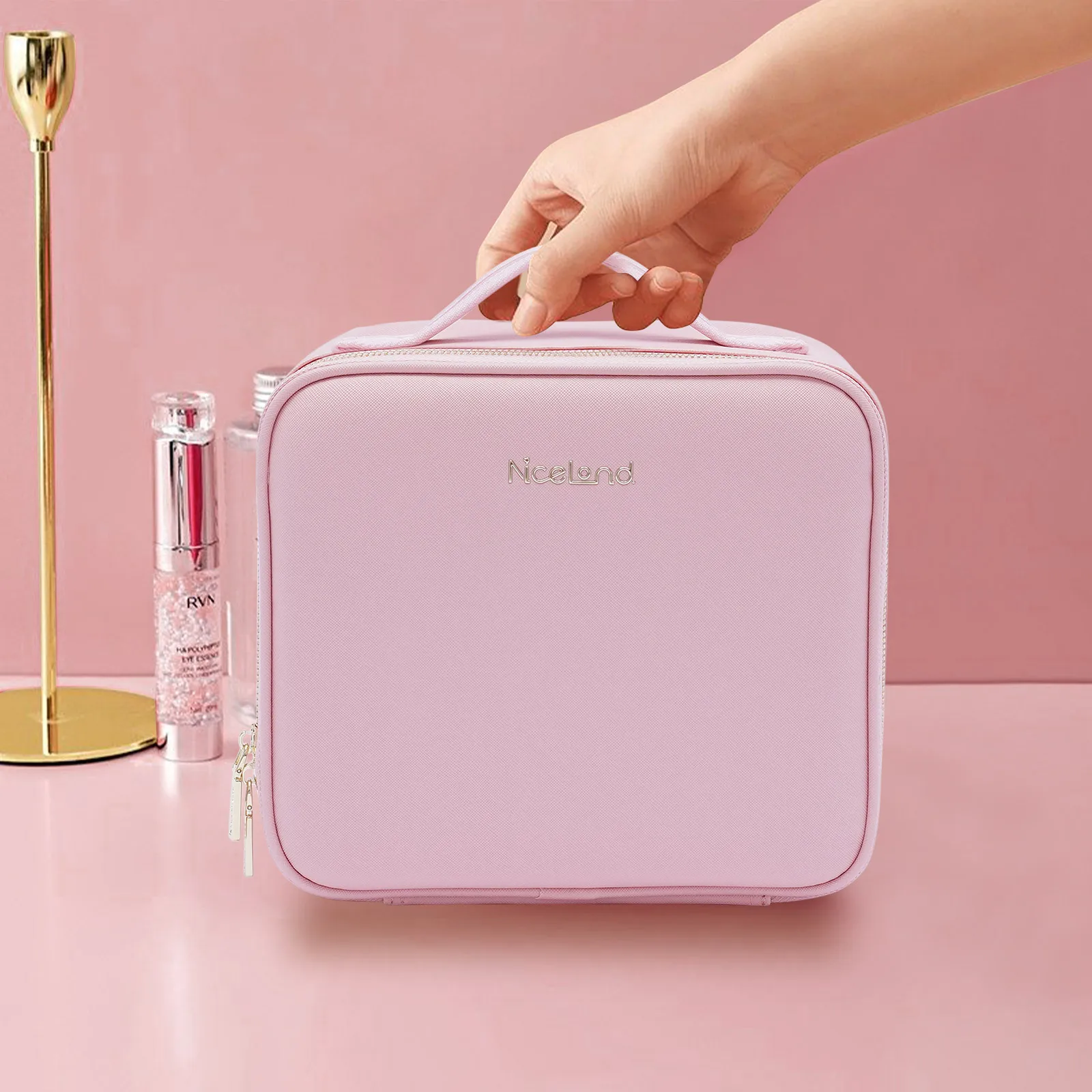 Sac de maquillage LED portable avec miroir, organiseur de cosmétiques de voyage avec compartiments réglables, double fermeture éclair, rose