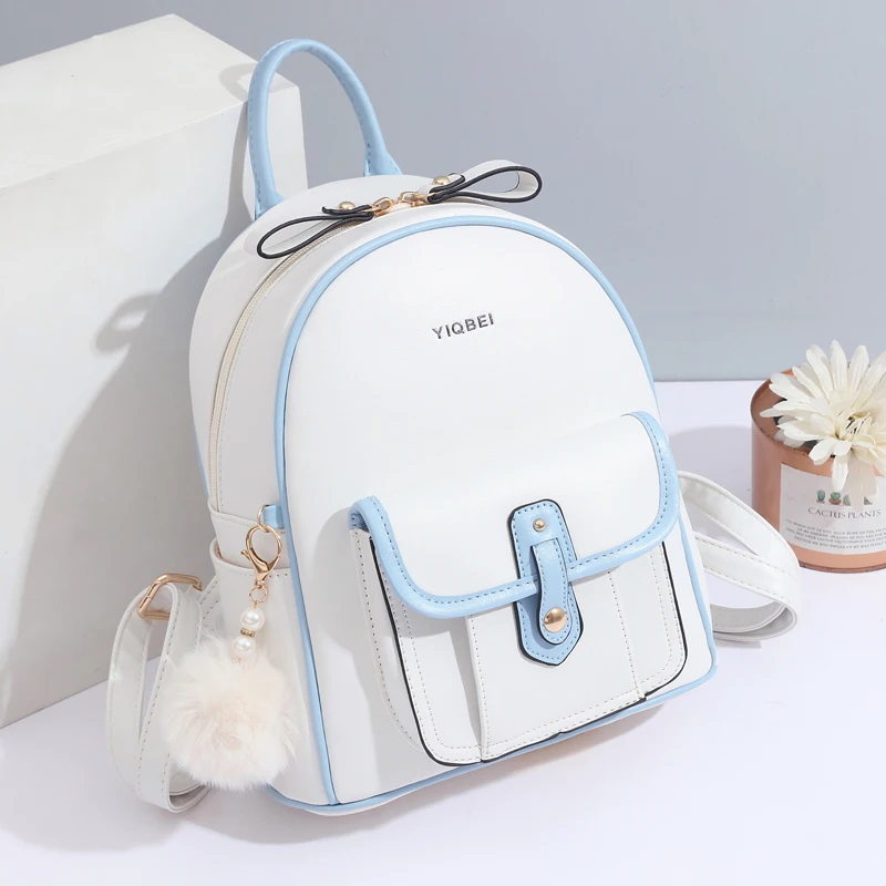 Stylish solid color texture women backpack, all matching lightweight backpack, simple small pompon pendant decoration