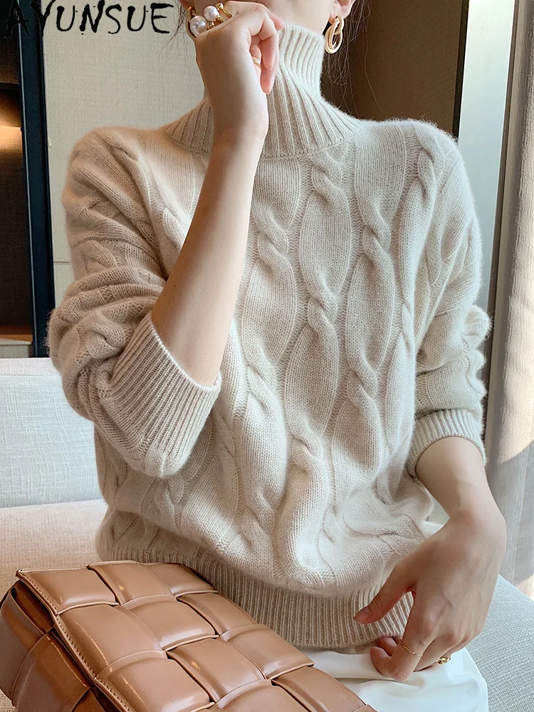 AYUNSUE Autumn Women Sweater Turtleneck Knitted Korean 100% Cashmere Pullovers Thick Winter Long Sleeve Top Pull Femme Hiver WPY