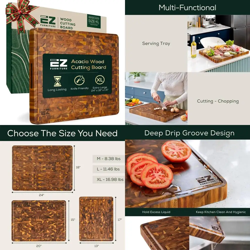

Luxury Acacia Wood End Grain Cutting Board with Juice Groove & Handles - XL Kitchen Chopping Block, Ideal Christmas Gift