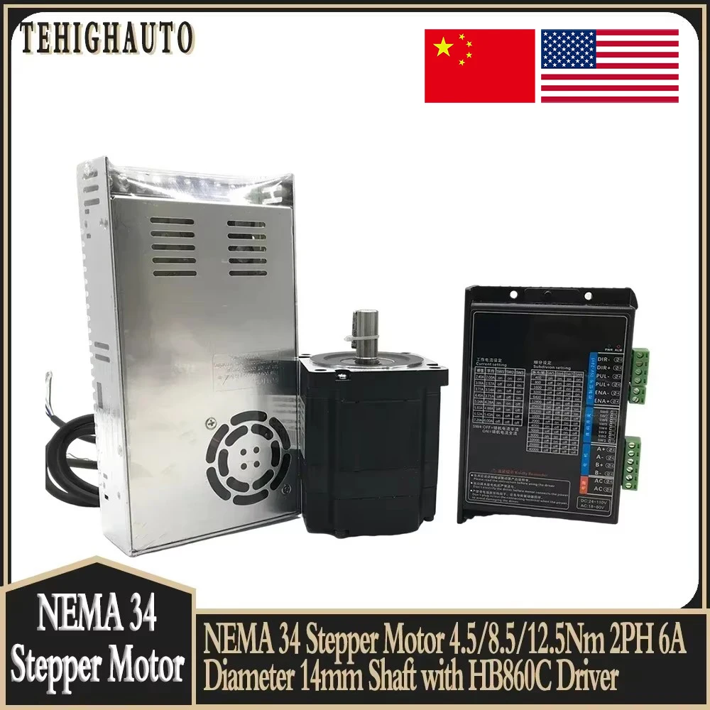 

Шаговый двигатель NEMA 34, 4,5 Нм/8,5 Нм/12,5 Нм, 2 фазы, 6 А, диаметр вала 14 мм с блоком питания + драйвер HB860C для гравировального станка с ЧПУ