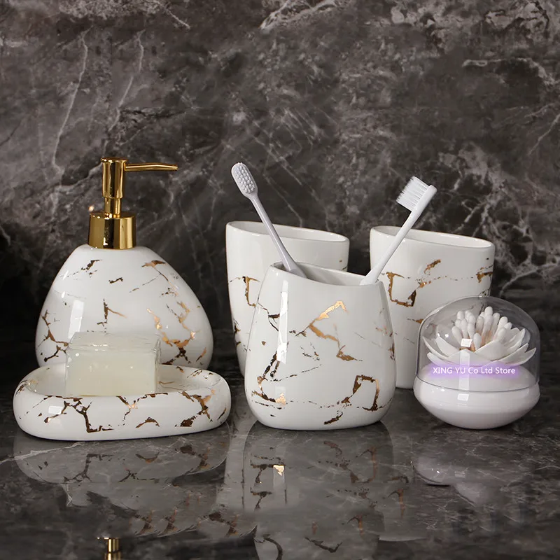 White Marble Texture Bathroom Supplies Toothpaste Dispenser Toothbrush Holder Cotton Swab Box Bathroom Decoration Accessories