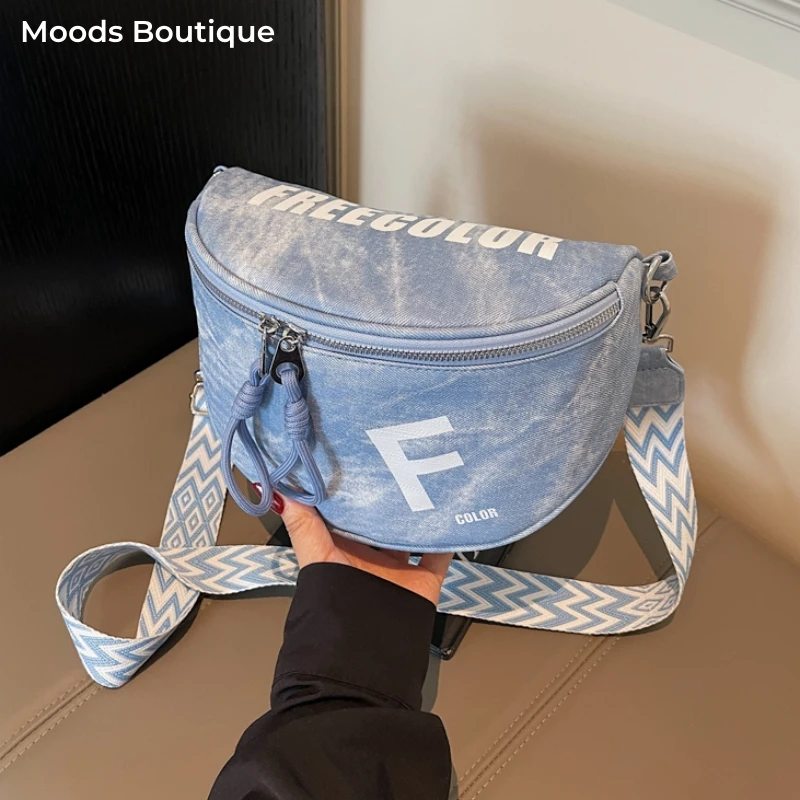 

Letter Prints Shoulder Crossbody Bags For Women Denim Fabric Waist Funny Pack Casual Street Chest Bag 2025 Latest Trends Handbag