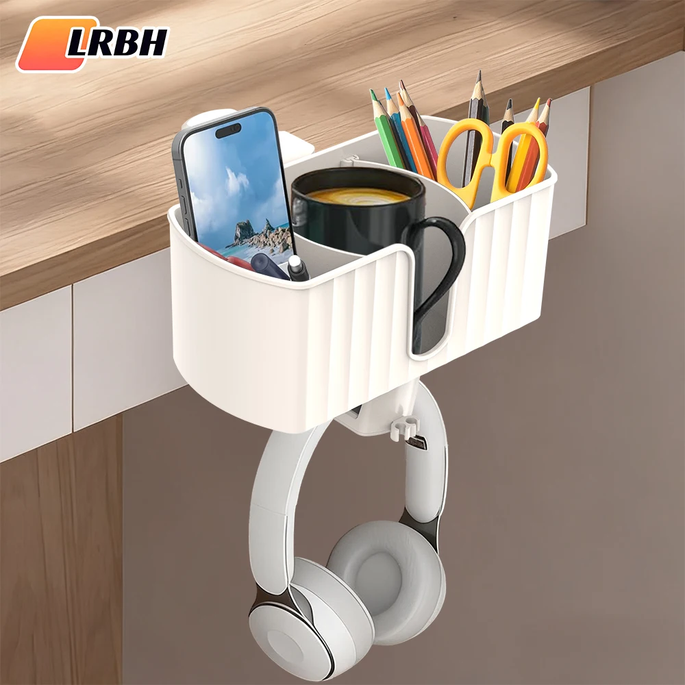 Organizador de escritorio 4 en 1, portavasos debajo del escritorio y colgador para auriculares con 2 orificios para cables, colgador giratorio, para tazas, teléfonos y bolígrafos