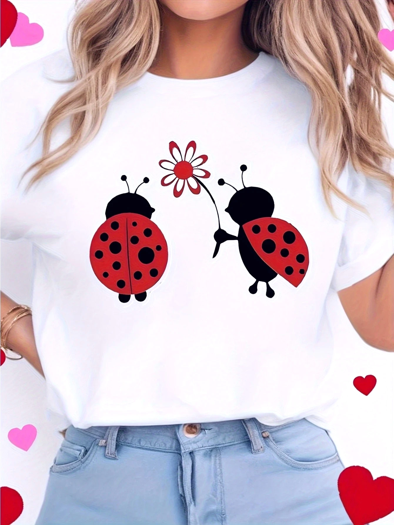 Cute Seven Star Ladybug Pattern Printed Summer Casual Women's Summer Short Sleeve Round Neck T-shirt Daily Tops Women's Clothing