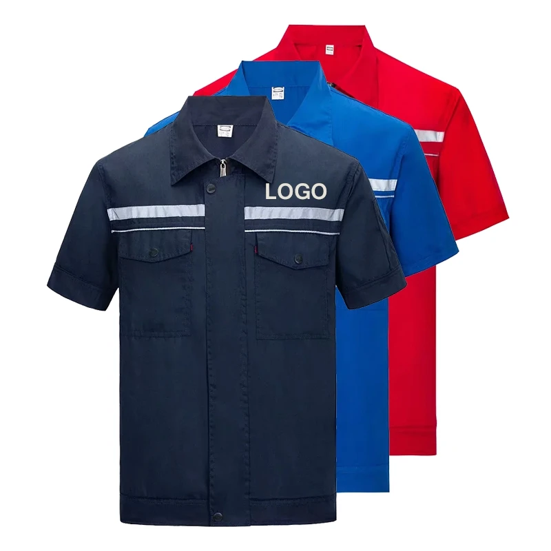 맞춤형 로고 반팔 작업복 탑 Diy 디자인 로고 자동차 수리 및 청소 작업복 멀티 포켓 반사 셔츠 LS-907