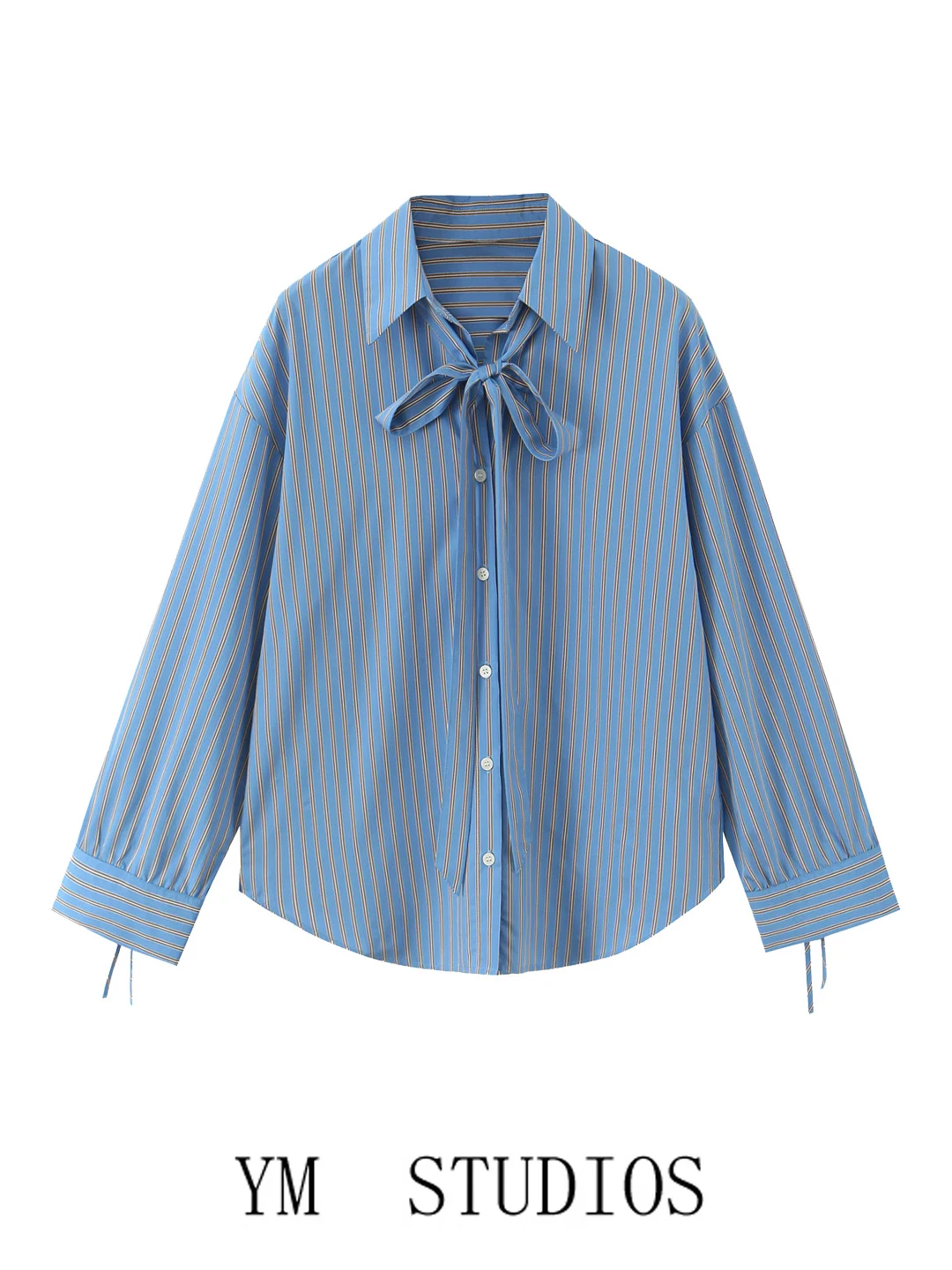 

Blue Striped Loose Casual irt Women's Long Sve Knot Design American Sle Polyester Fiber irt for Teen Girls