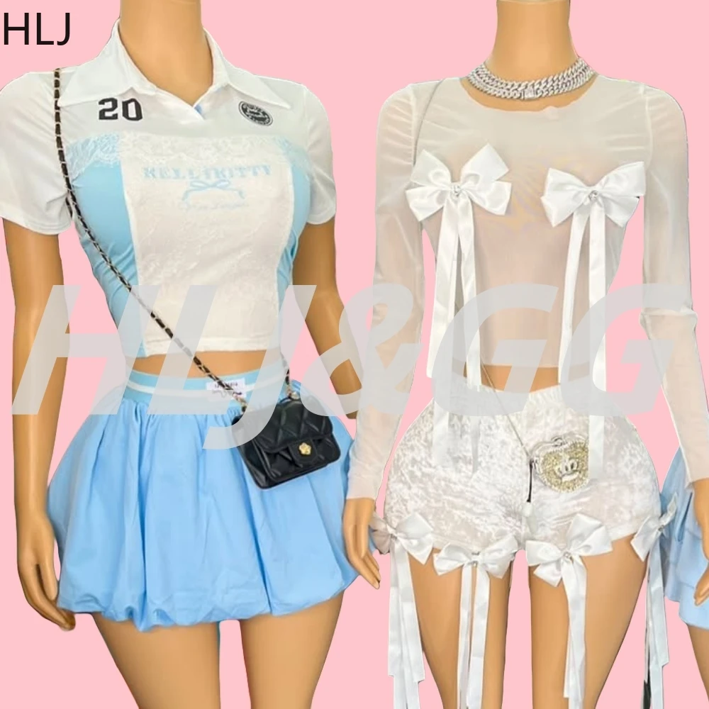 HLJ Y2K Fashion Lace Splicing Letter Print Two Piece Sets Women V Neck Short Sleeve Slim Crop Top And Puffy Mini Skirts Outfits