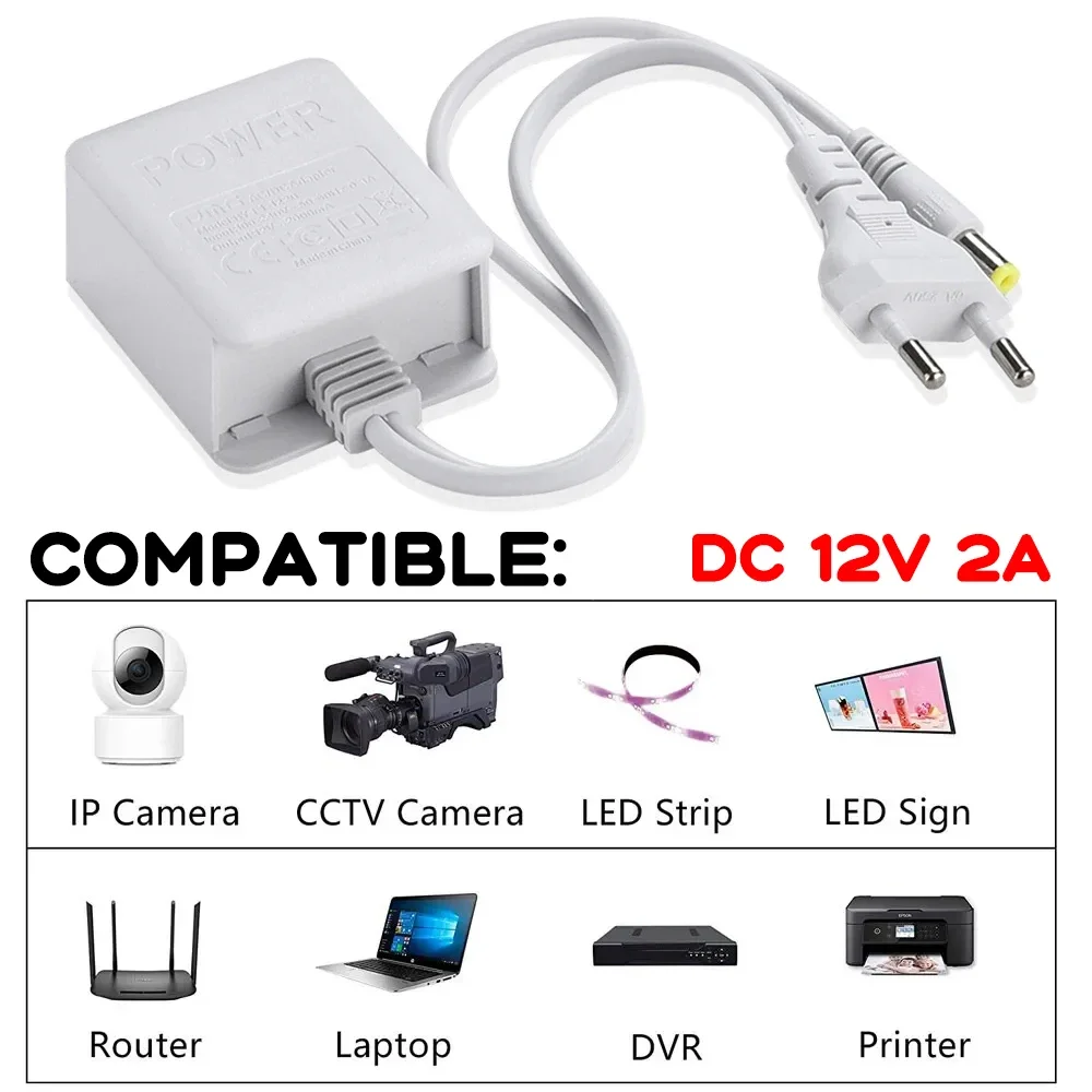 Fuente de alimentación de 12 V 2 A. Adaptador de corriente impermeable Convertidor CA CC Transformador de 100-220 V a 12 voltios y 2 amperios Enchufe de 5,5x2,1mm para tira de luz LED DVR NVR Sistema de cámaras de segu