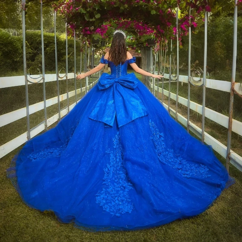 

Синее блестящее Тюлевое платье для Quinceanera, кружевное бальное платье с аппликацией и цветочным бисером, с открытыми плечами, милое праздничное платье принцессы 16, платья