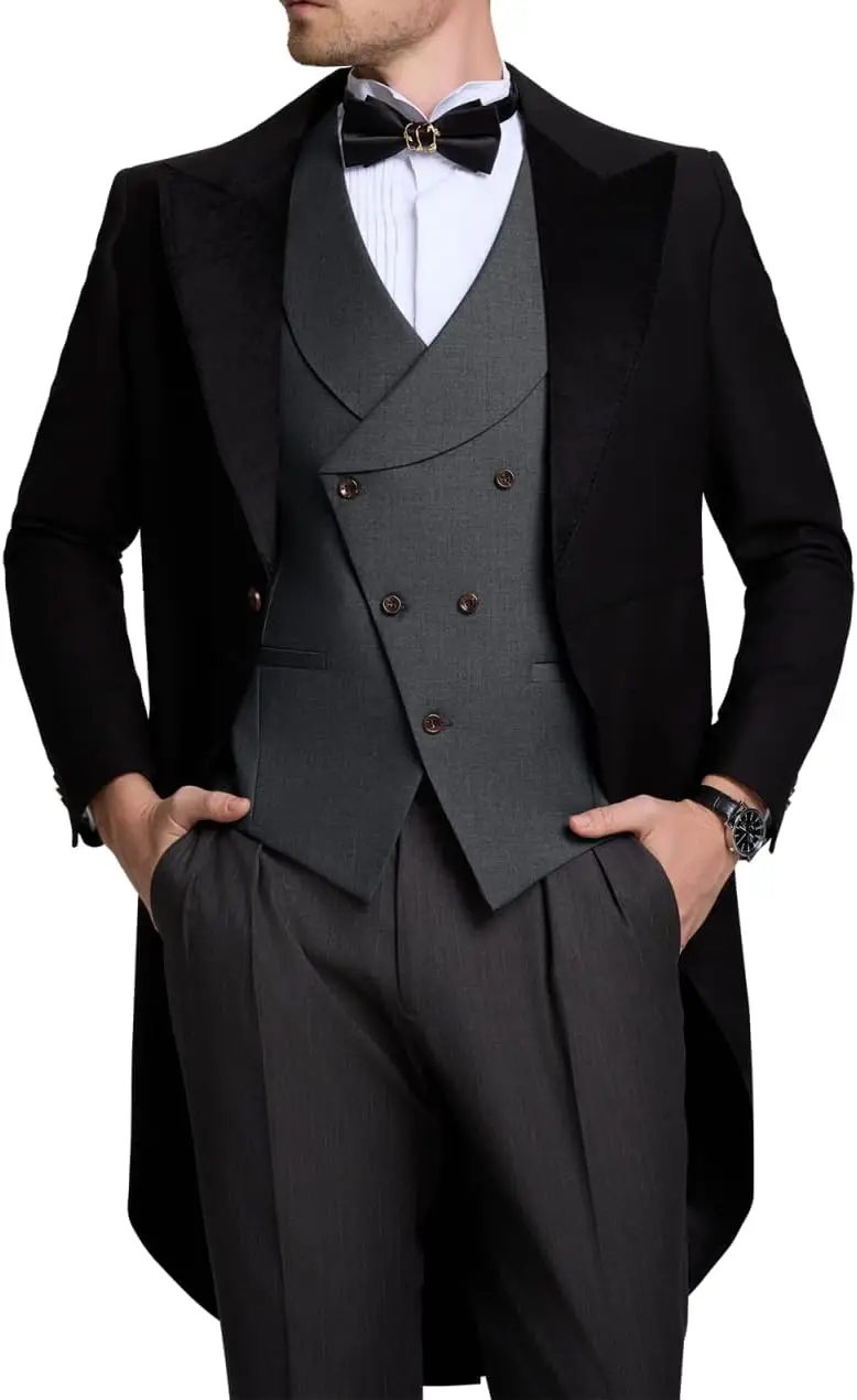 

Men's 3 Piece Suit for Groom Men's Wedding Morning Suit with Tailcoat Tuxedo Long Tail Double Breasted Vest Pants