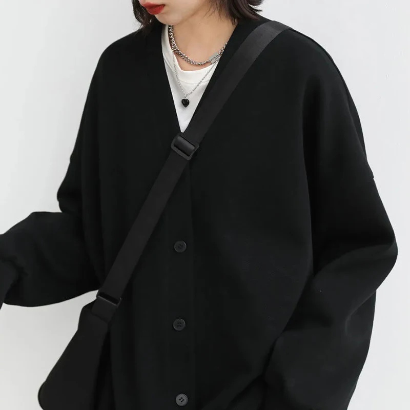 Sudadera gruesa y cálida coreana para mujer, abrigo Harajuku, cárdigans deportivos informales holgados con cuello en V, sólidos, para oficina, Otoño