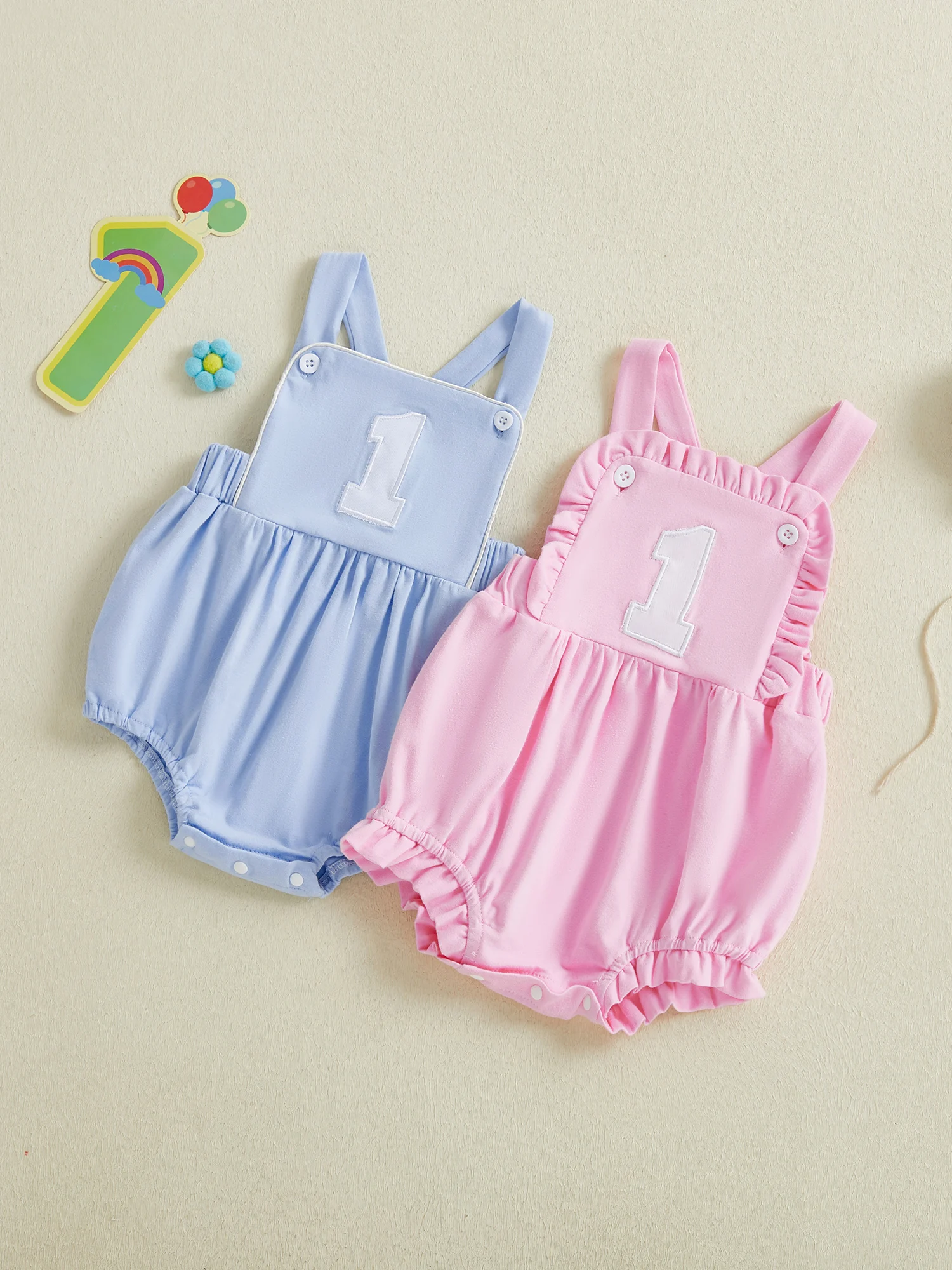 Stylish Baby Boys Girls Birthday Romper with Trendy Number Embroidery Sleeveless Square Collar Overalls Jumpsuit for a