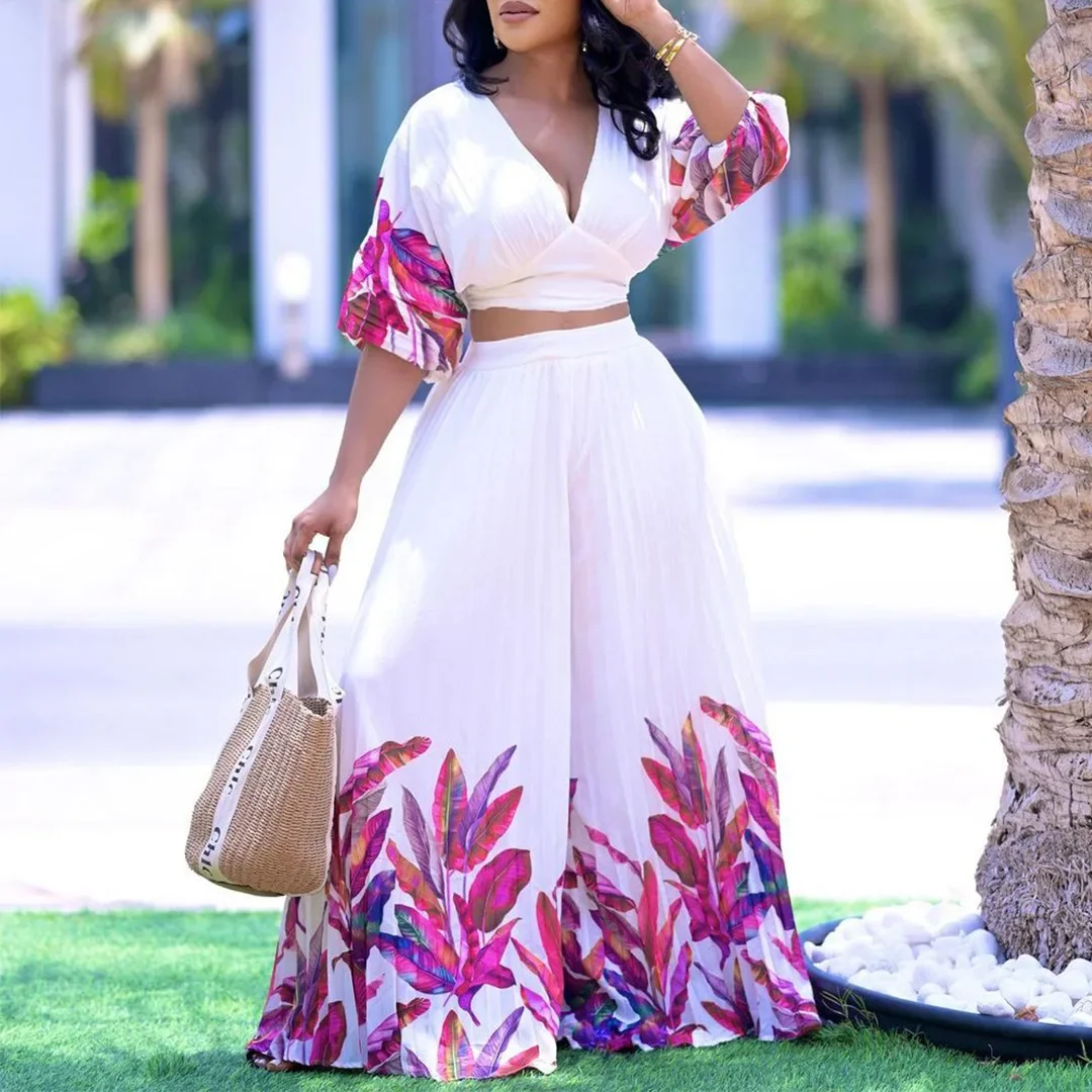 Summer Fashion Chiffon Printing Two Piece Set Women Elegant V-neck Short Sleeve Short Top Pleated Wide Leg Pants Two Piece Set