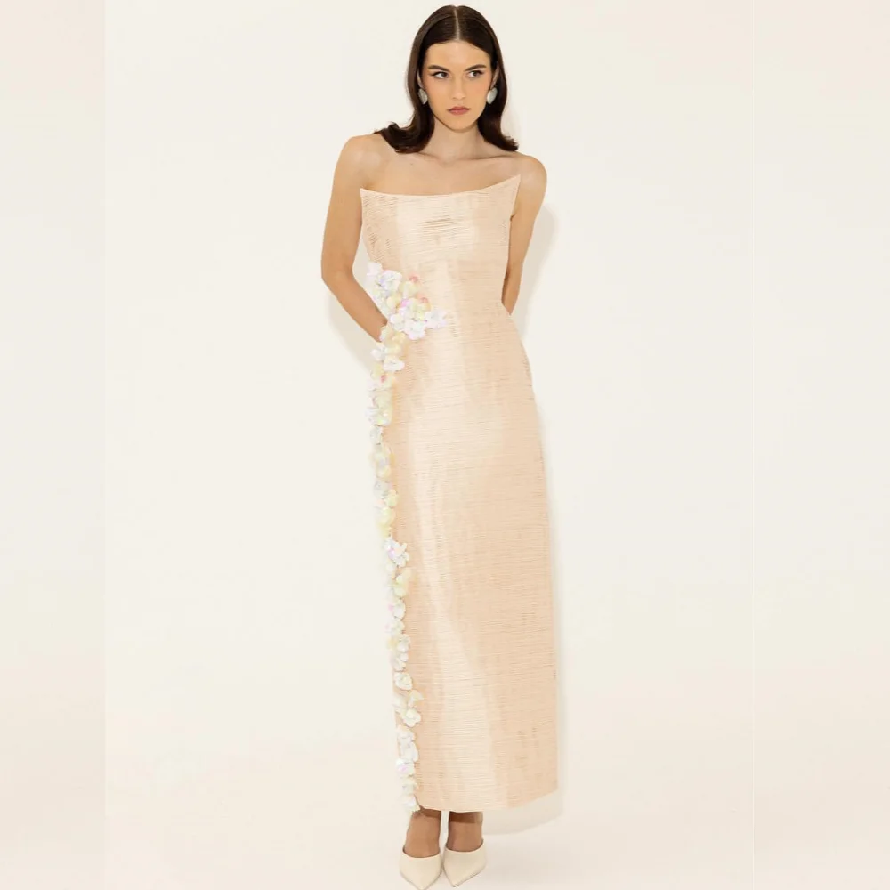 Customized Sparkle Exquisite Jersey Applique Formal Evening A-line Strapless Bespoke Occasion Gown Midi Dresses