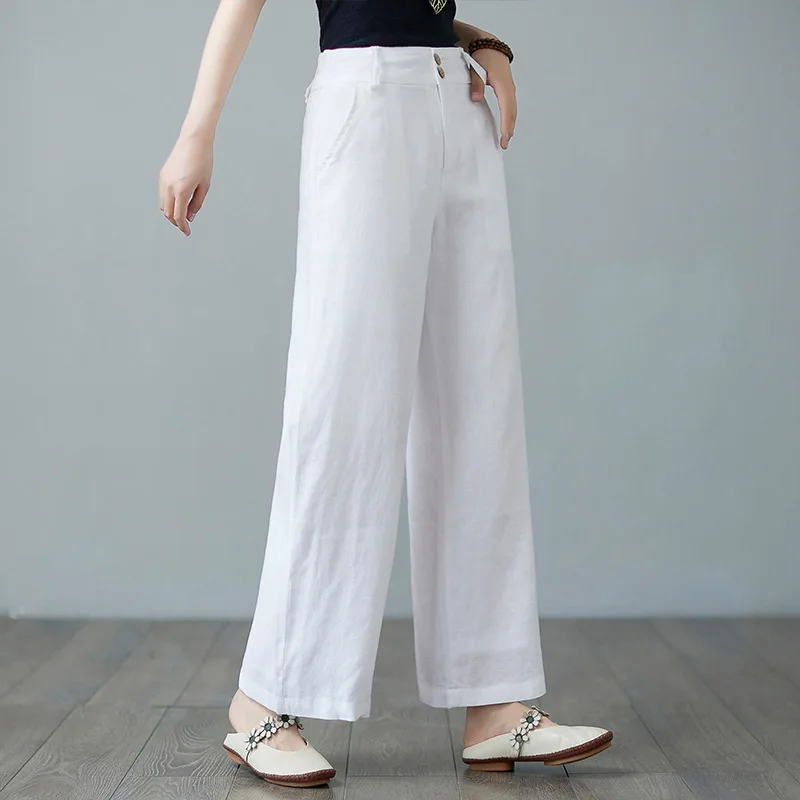 2025 Summer New Literary Loose Solid Color Cotton and Linen Elastic Waist Straight Pants Trousers Women's Casual Pants