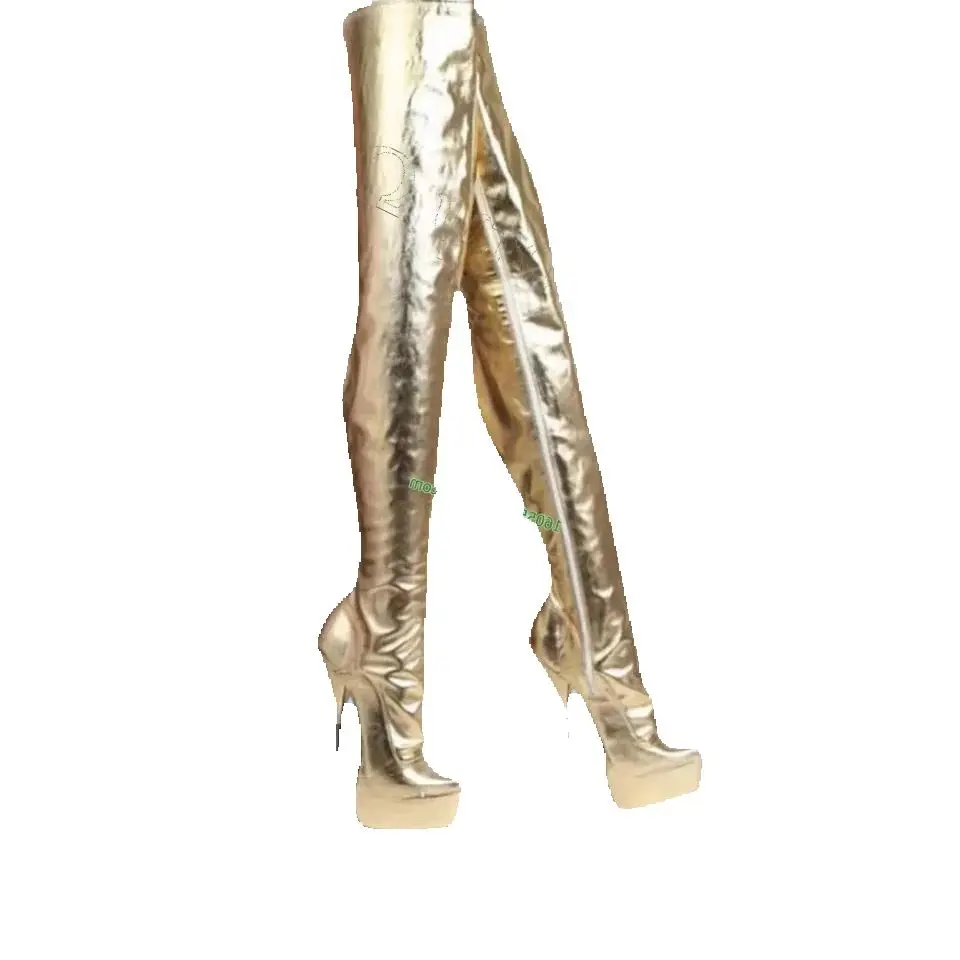 

Gold Long Side Zipper Boots Platform Solid Slim Thigh High Spike High Heel Shoes Solid Sexy Women Shoes New Zapatos Para Mujere