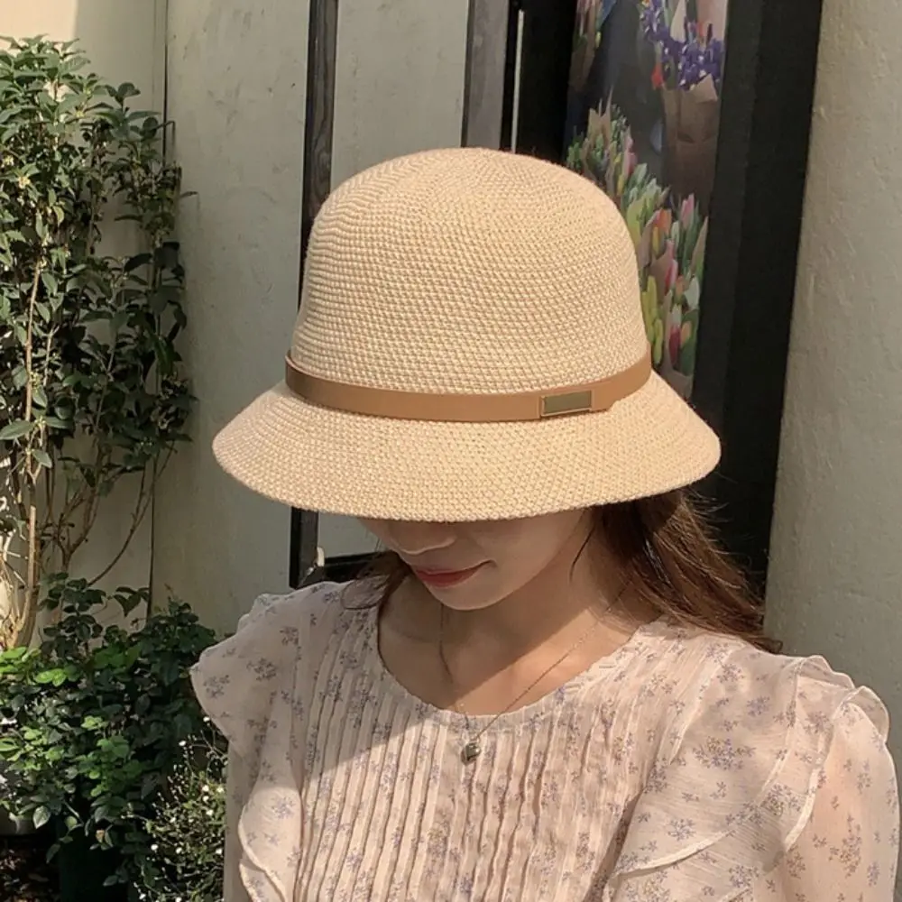 

PU Leather Belt Women Sunscreen Hats Sun Protection Wide Brim Summer Bucket Hats Elegant Sweet Outdoor Straw Hats Beach