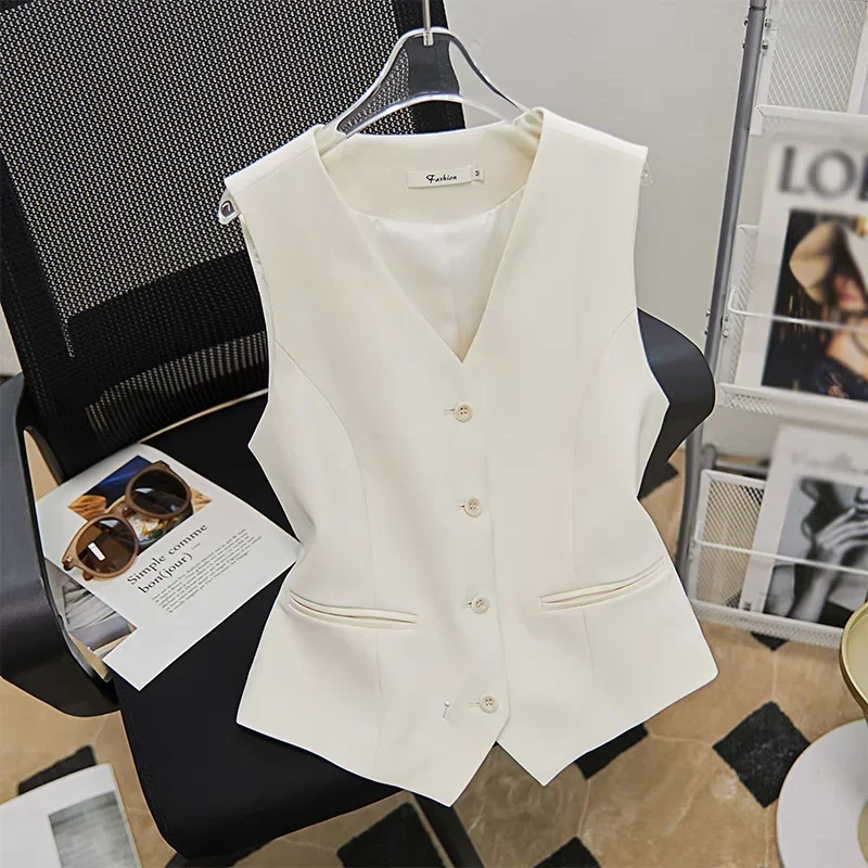 Women Vests Elegant Office Ladies Temperament Single Breasted Simple Korean Fashion V-neck Aesthetic Sleeveless Coats Harajuku