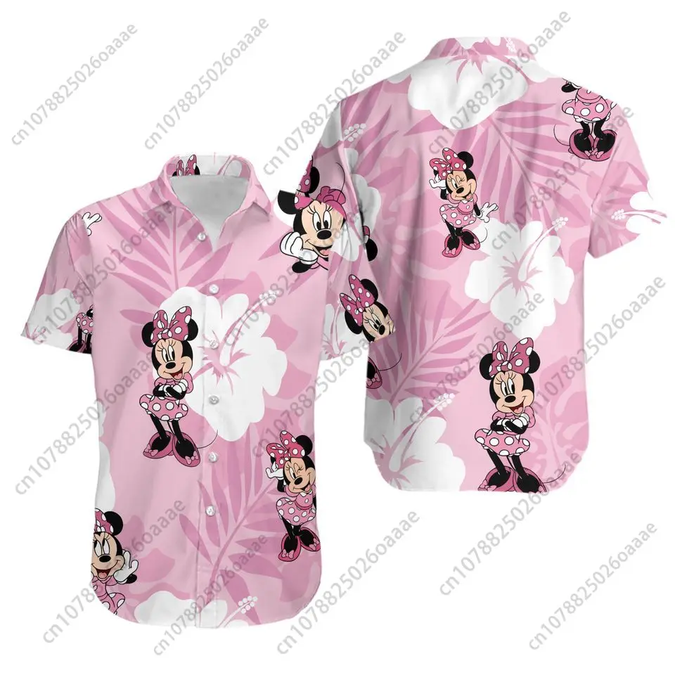 Disney เสื้อฮาวายมินนี่และมิกกี้เมาส์, เสื้อเชิ้ตแขนลำลองขาสั้นมีกระดุมสำหรับผู้หญิงเสื้อชายหาดฮาวายสำหรับเด็ก