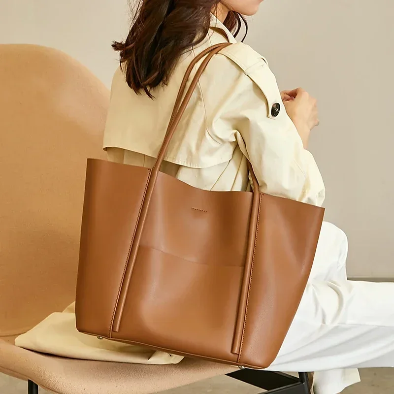 Women's Genuine Cowhide Leather Large Capacity Tote Bag Smooth Leather Long Thin Shoulder Strap Office Commuter Shopper Handbag