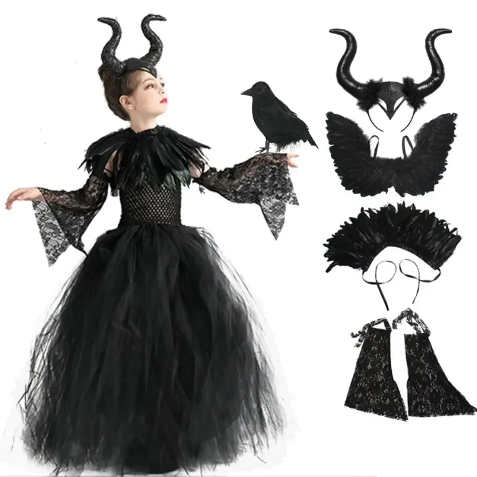 Girls Halloween Evil Dark Queen Halloween Girls Costume Deluxe Black Swan Dresses Kids Ball Gown Robe Children Cosplay Clothes