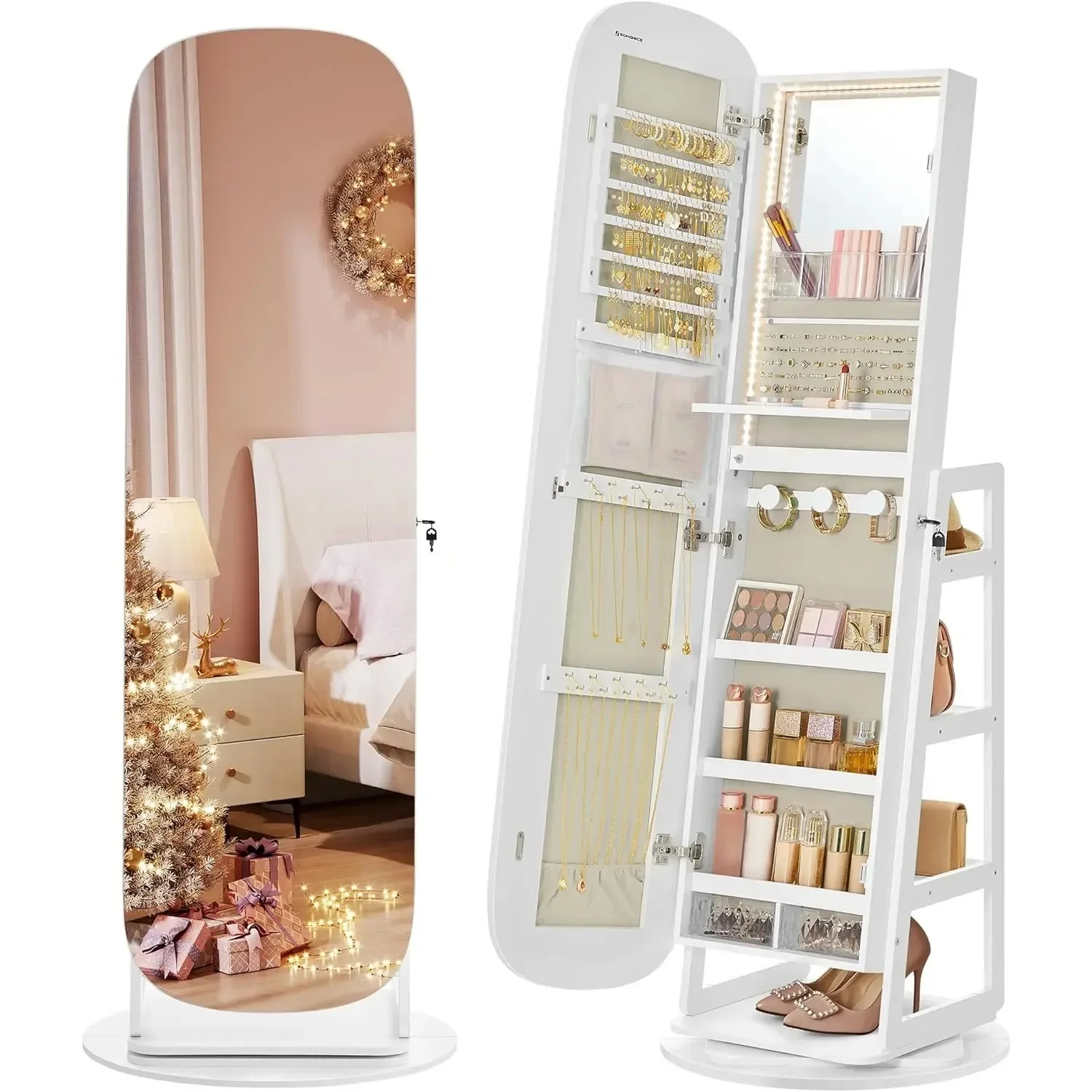 LED Jewelry Cabinet, 360° Swivel Jewelry Organizer, Lockable Mirror Jewelry Cabinet Standing, Rounded Wide Full-Length Mirror