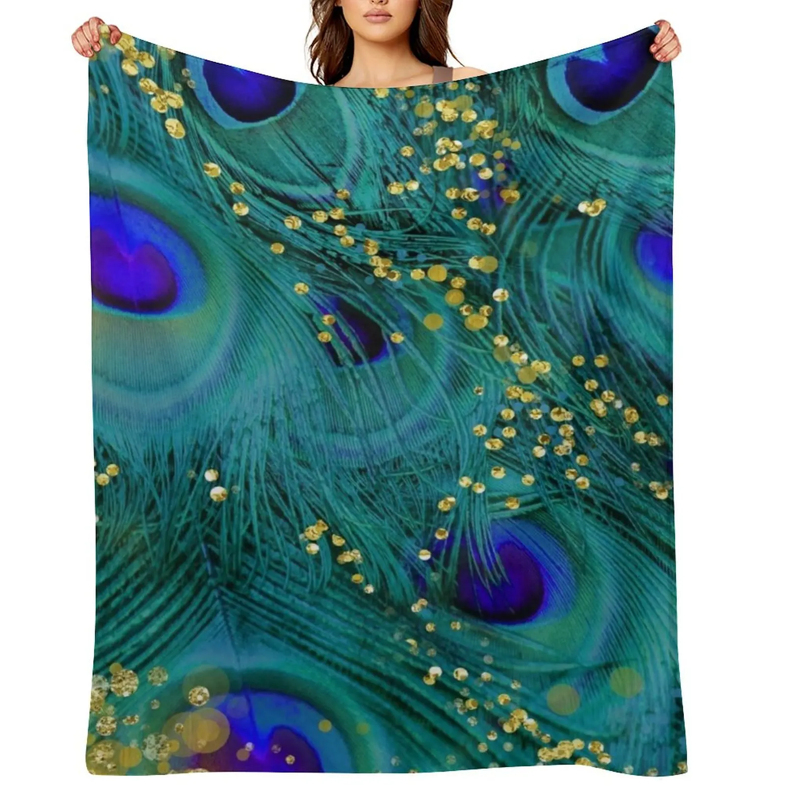 

Dreamy peacock feathers, teal and purple, glimmering gold Throw Blanket Beach Soft Big For Decorative Sofa halloween Blankets