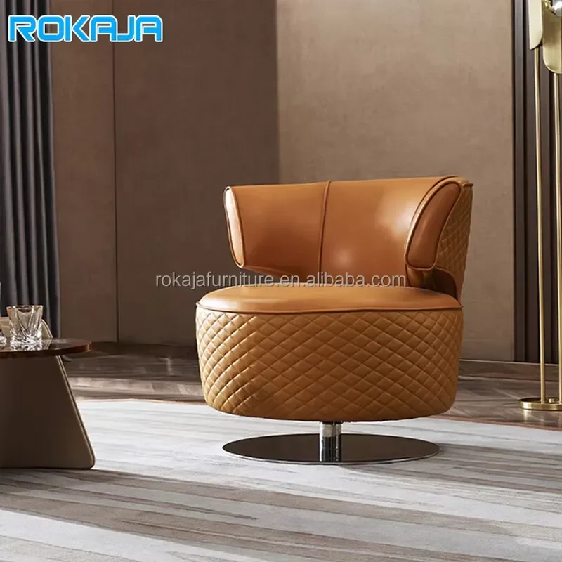 Hot Sale Customized Leisure Swivel Chair Luxury Round Leather Soft Back Single Seat Modern Armchair Hotel Office Reception
