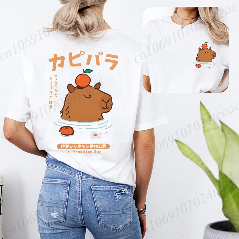 Capybara Onsen Shirts for Women Cartoon Anime Capybara with Orange T-shirts Capybara Lover Clothes Japanese Fashion Streetwear