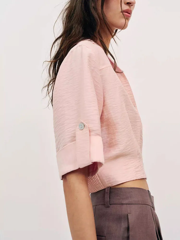 Spring New Arrival Women's Fashion Shirt Short Sleeve Turn-down Collar Short Length Versatile Style European Trend Ladies' Coat