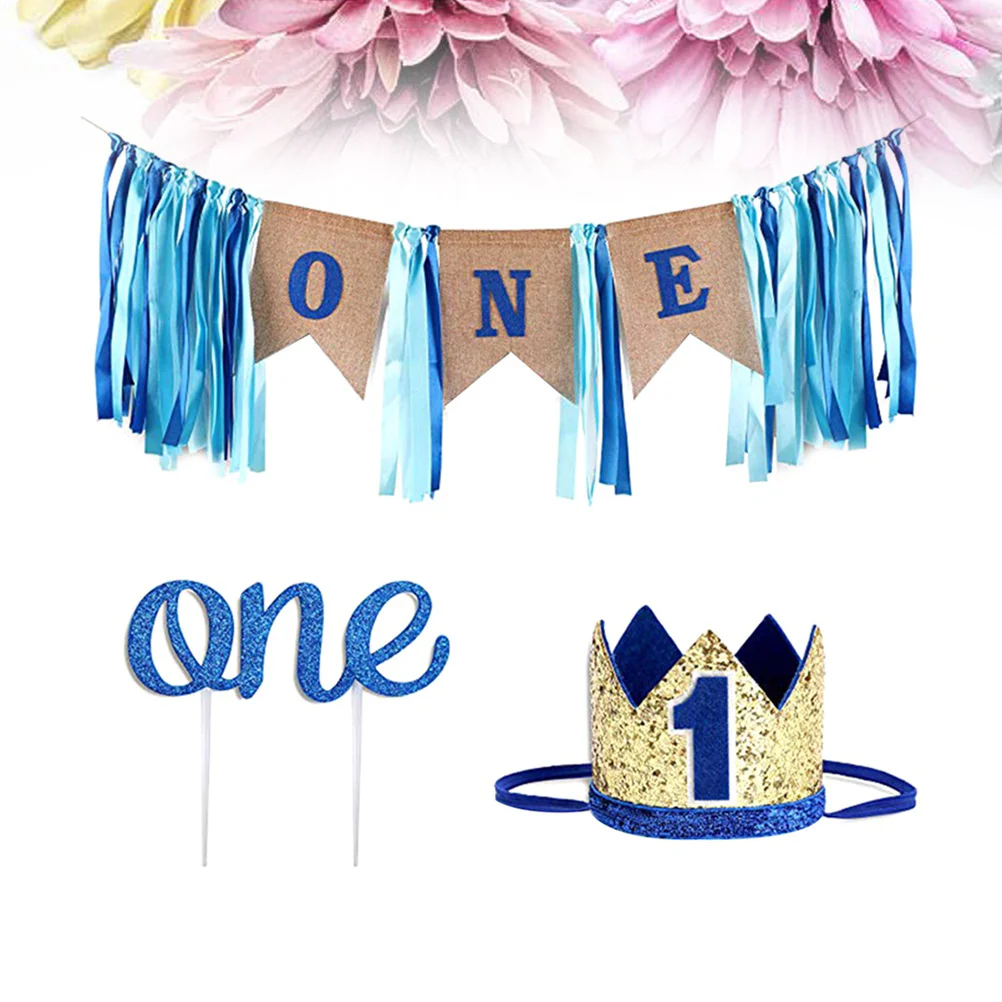 

3PCS Baby One Year Letter Birthday Cake Banner Party Crown Plugin Birthday Headwear Dinette Set for Birthday Festival Gift Decor