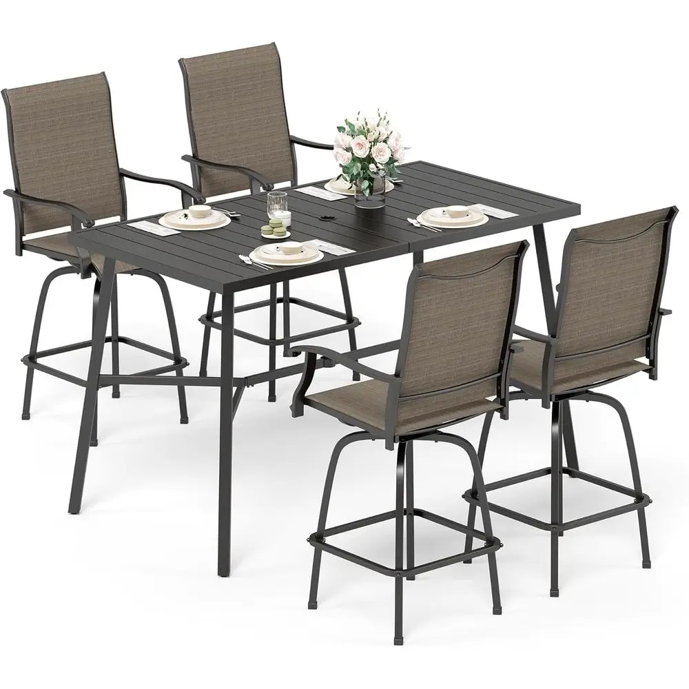 

Brown Swivel Bar Chairs Set with Black High-Top Patio Table
