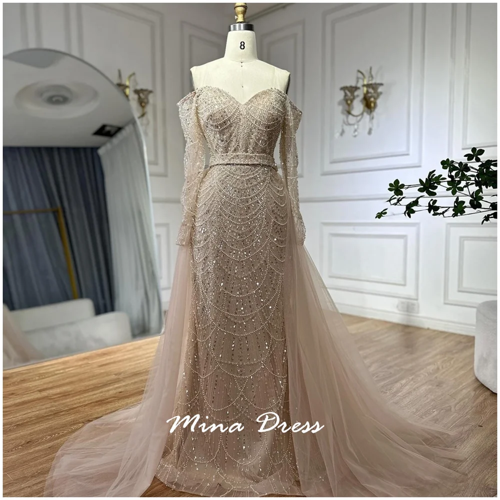 

Mina Sequins Prom Dresses Luxury Women Evening Dress Customized Beads Elegant Gowns Long Sleeves Simple and Elegant Formal Dress