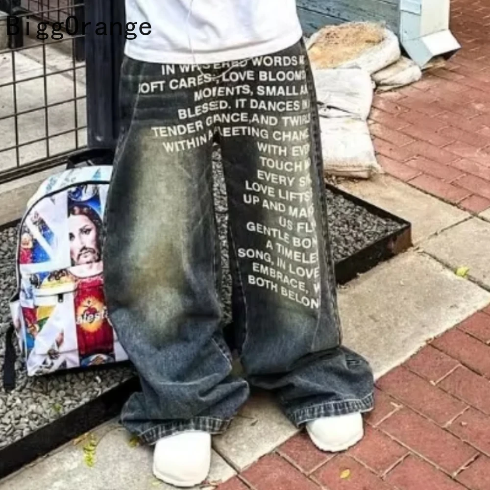 2025 American Fashion Jeans Letter Printing Pattern High Street Casual Wide Legs Y2K Men's Retro Gothic Trendy Casual Pants