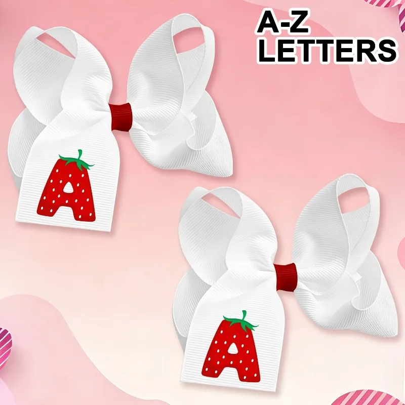 2pcs 4Inch Strawberry Alphabet Hair Bows For Girls, Custom Letter Print Barrettes Set, Toddler Preschool Party Favor Hair Clips