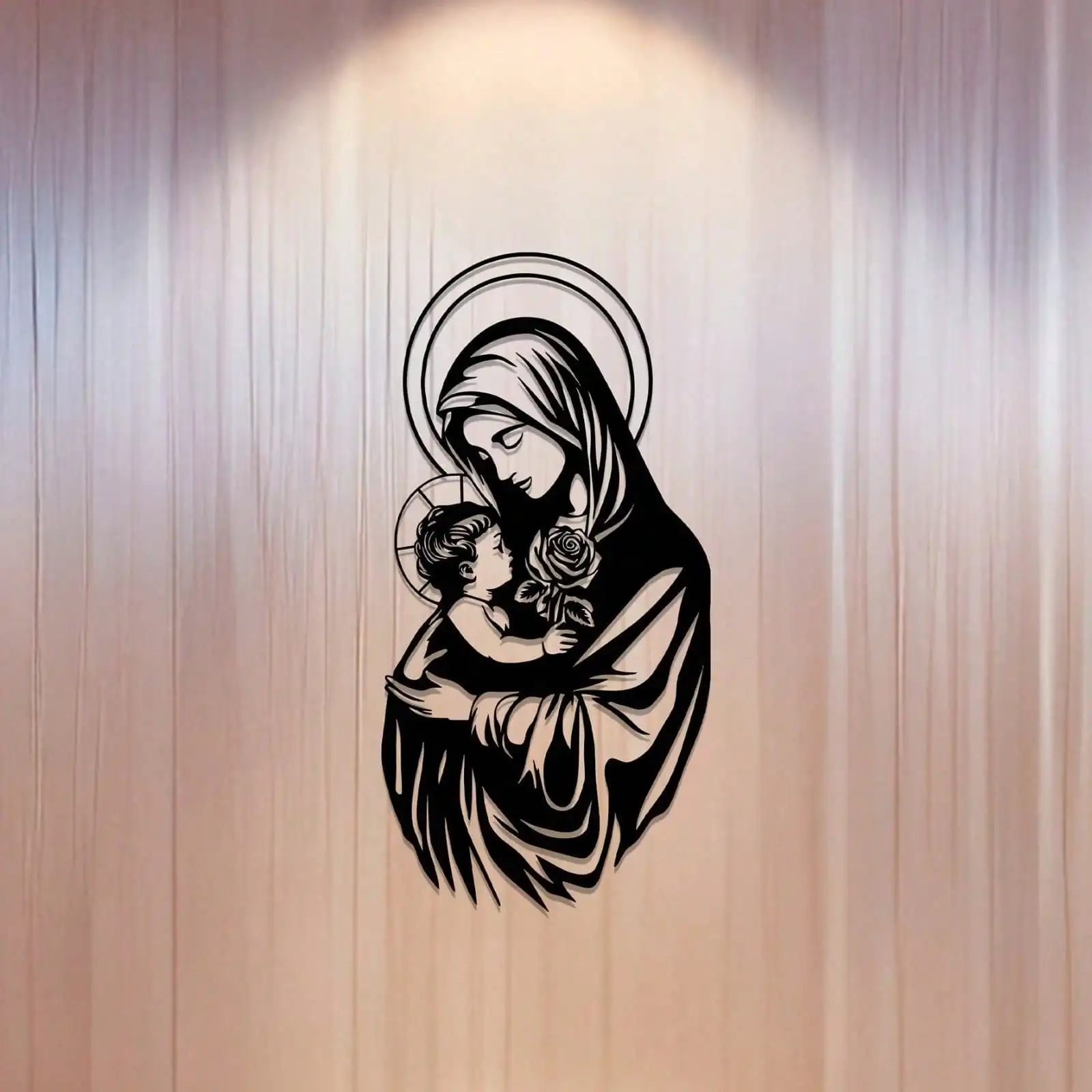 Virgin Mary Metal Wall Art - Fade-Resistant Black Religious Decor for Bedroom & Living Room