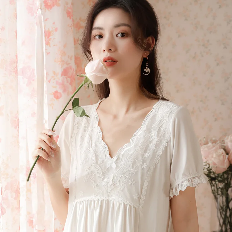 Women White Cotton Night Dress Victorian Nightgowns Vintage Sexy Lace Fairy Short Sleeve Peignoir Nightdress Princess Sleepwear