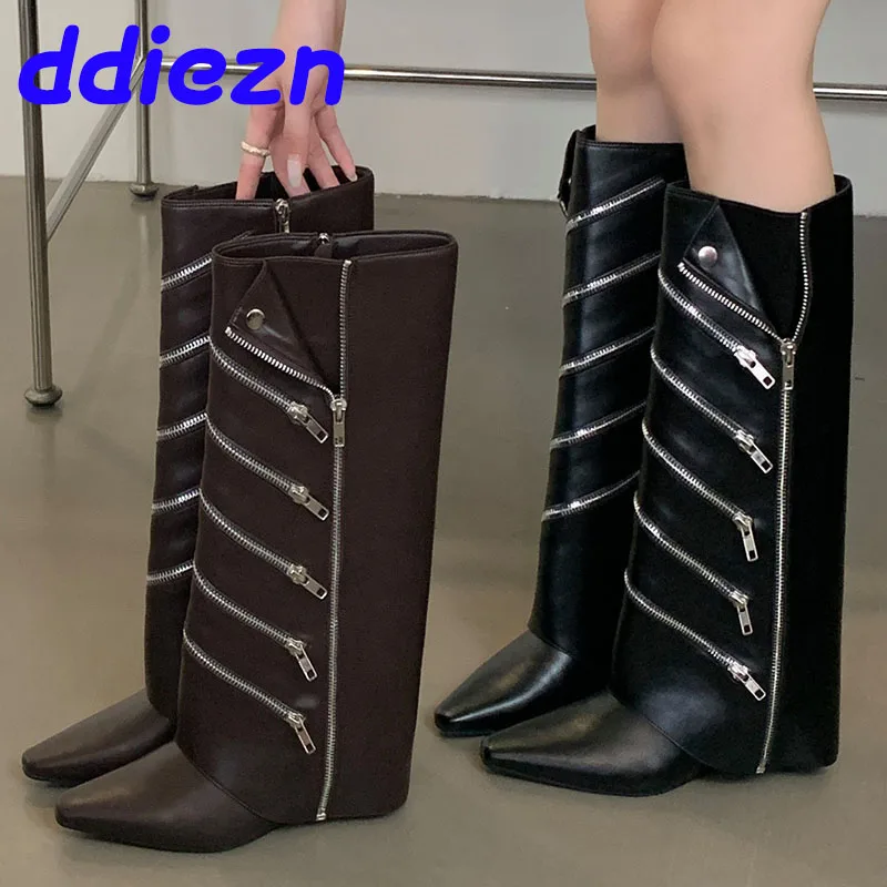 New Shoes Designer Zippers Women Knee High Western Boots With Wedges Female Footwear Fashion Pointed Toe Ladies Long Booties