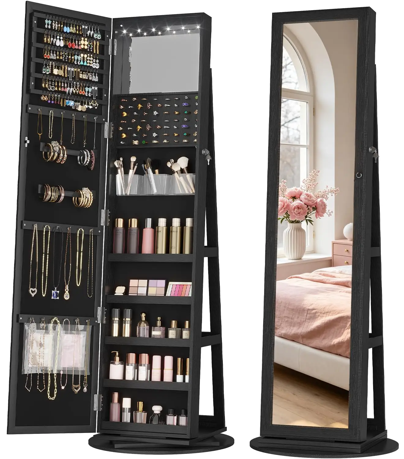 LED Jewelry Cabinet Standing, 360° Swivel Jewelry Armoire, Black