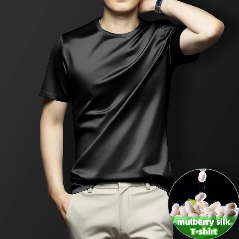 

100% Mulberry Silk T-shirts for Premium Men Anti Wrinkle Seamless Elastic Tee Tops Breathable High End Man Ice Cool Feel T-shirt