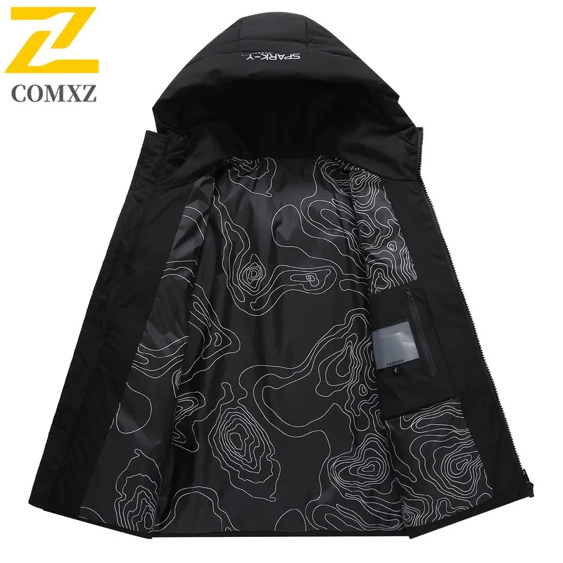 COMXZ 2025 Mens Winter Shiny Thick Puffer Jacket American style waterproof windproof Detachable Hood lightweight windbreaker