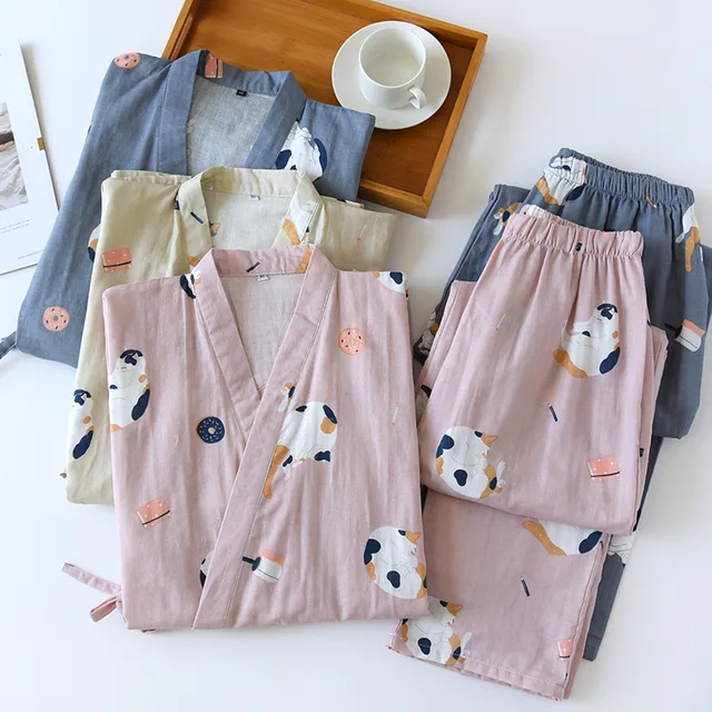 Nowa dwuczęściowa piżama kimono w stylu japońskim dla par dla mężczyzn i kobiet z czystej bawełny z gazy uroczy kotek cienki serwis domowy plus size