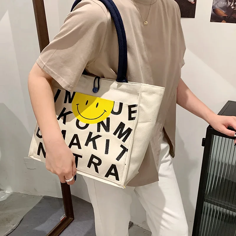 Women Vintage Canvas Tote Bag Causal Letters Print Shoulder Bag 2024 Soft Ladies Handbag Female Large Shopping Bags for Boutique