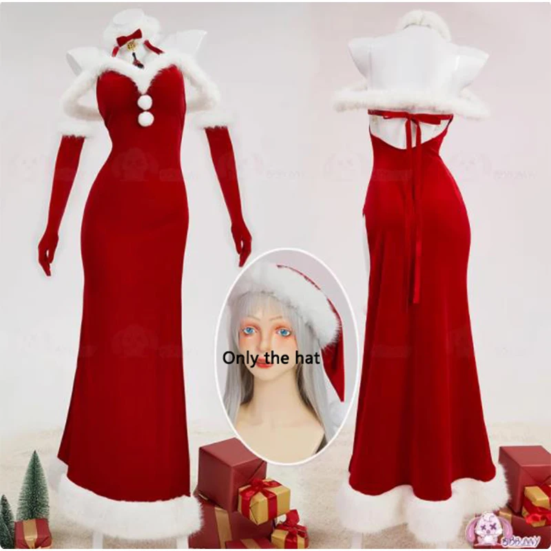 Women Red Christmas Cosplay Costume Women Lingerie Dress Plush High Split Backless Long Dress with Hat Gloves Customized